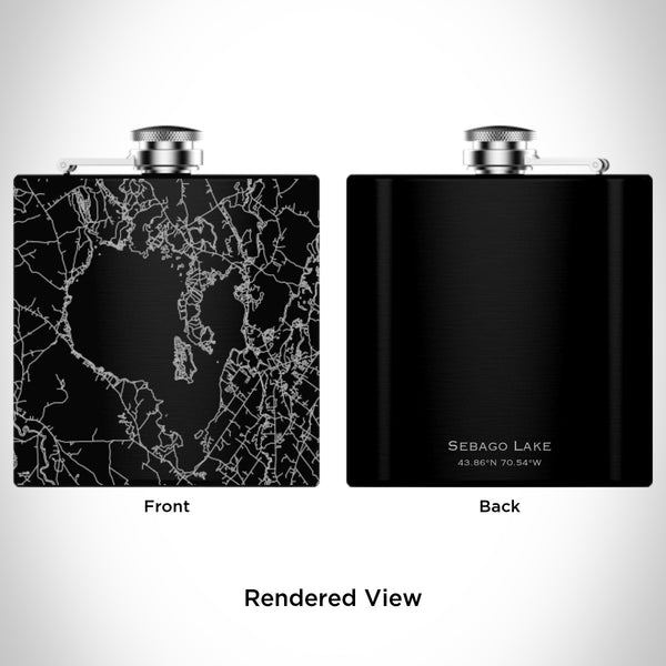 Rendered View of Sebago Lake Maine Map Engraving on 6oz Stainless Steel Flask in Black