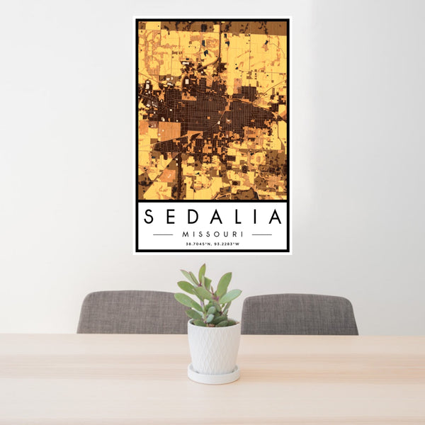 24x36 Sedalia Missouri Map Print Portrait Orientation in Ember Style Behind 2 Chairs Table and Potted Plant