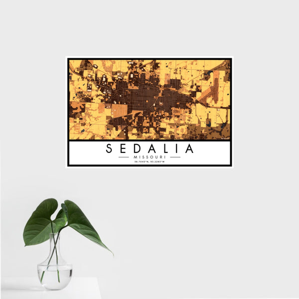 16x24 Sedalia Missouri Map Print Landscape Orientation in Ember Style With Tropical Plant Leaves in Water