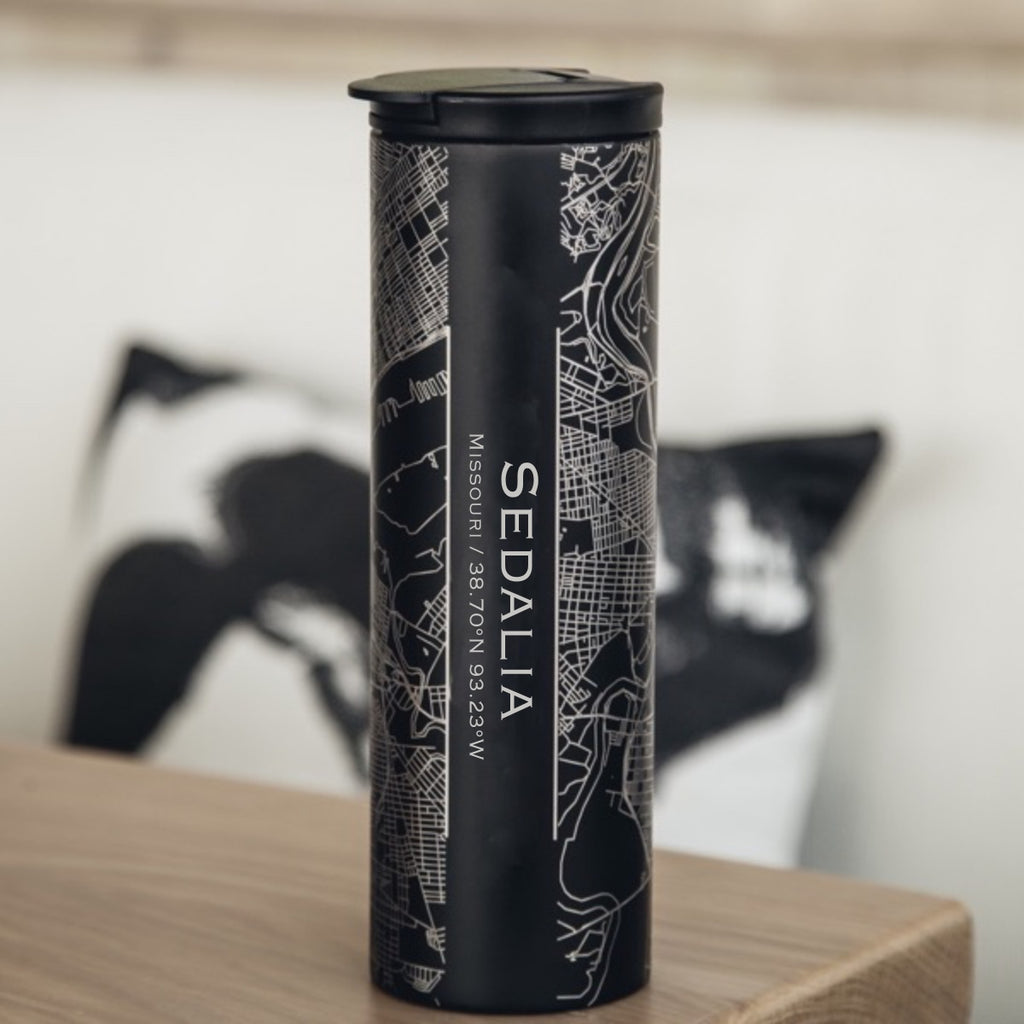 Sedalia Missouri Custom Engraved City Map Inscription Coordinates on 17oz Stainless Steel Insulated Tumbler in Black