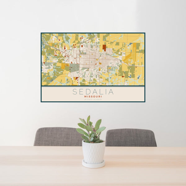 24x36 Sedalia Missouri Map Print Landscape Orientation in Woodblock Style Behind 2 Chairs Table and Potted Plant