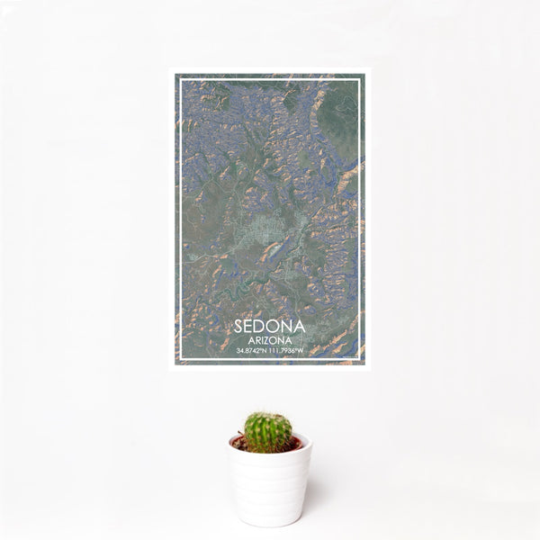12x18 Sedona Arizona Map Print Portrait Orientation in Afternoon Style With Small Cactus Plant in White Planter