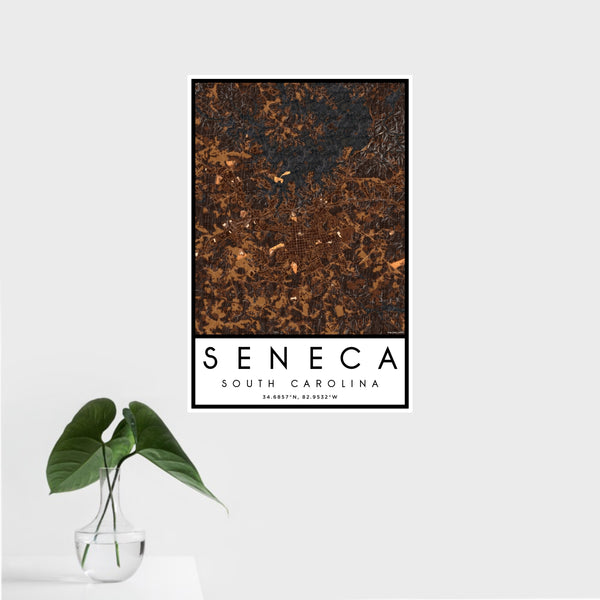 16x24 Seneca South Carolina Map Print Portrait Orientation in Ember Style With Tropical Plant Leaves in Water