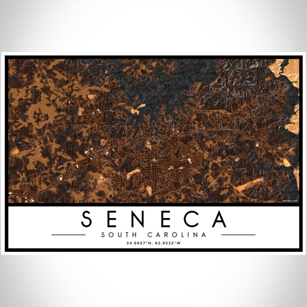 Seneca South Carolina Map Print Landscape Orientation in Ember Style With Shaded Background