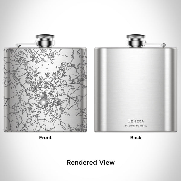 Rendered View of Seneca South Carolina Map Engraving on 6oz Stainless Steel Flask