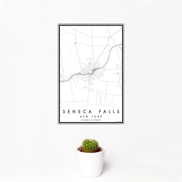 12x18 Seneca Falls New York Map Print Portrait Orientation in Classic Style With Small Cactus Plant in White Planter