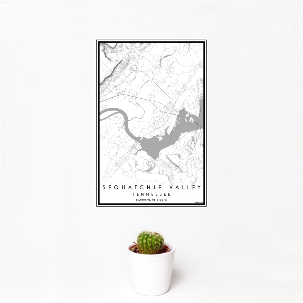 12x18 Sequatchie Valley Tennessee Map Print Portrait Orientation in Classic Style With Small Cactus Plant in White Planter