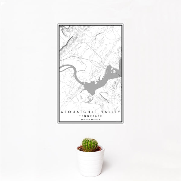 12x18 Sequatchie Valley Tennessee Map Print Portrait Orientation in Classic Style With Small Cactus Plant in White Planter