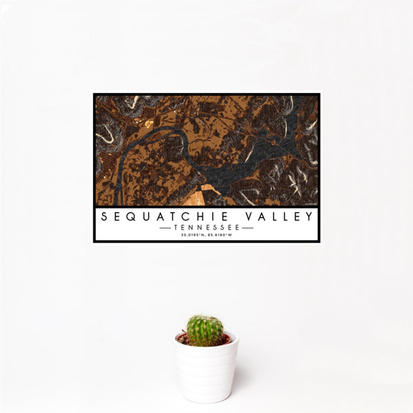 12x18 Sequatchie Valley Tennessee Map Print Landscape Orientation in Ember Style With Small Cactus Plant in White Planter