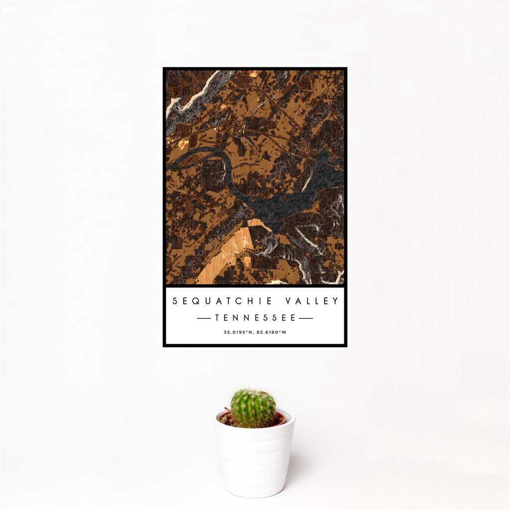 12x18 Sequatchie Valley Tennessee Map Print Portrait Orientation in Ember Style With Small Cactus Plant in White Planter