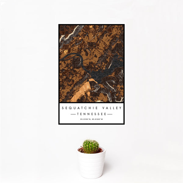 12x18 Sequatchie Valley Tennessee Map Print Portrait Orientation in Ember Style With Small Cactus Plant in White Planter