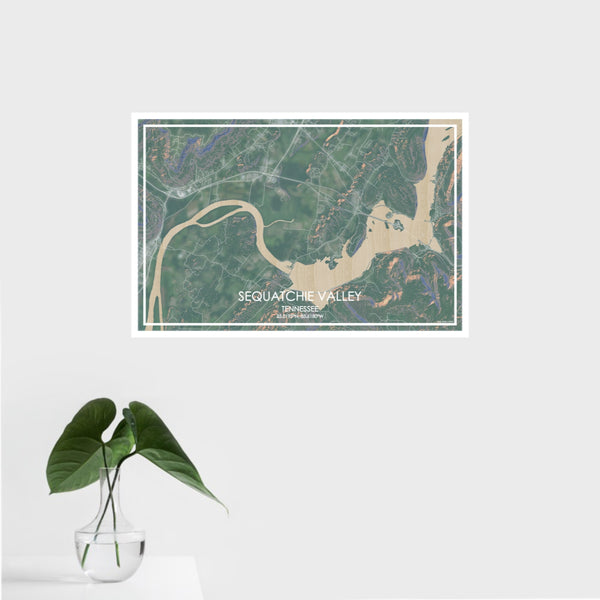 16x24 Sequatchie Valley Tennessee Map Print Landscape Orientation in Afternoon Style With Tropical Plant Leaves in Water