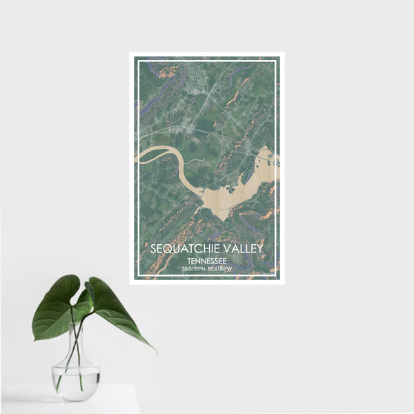 16x24 Sequatchie Valley Tennessee Map Print Portrait Orientation in Afternoon Style With Tropical Plant Leaves in Water
