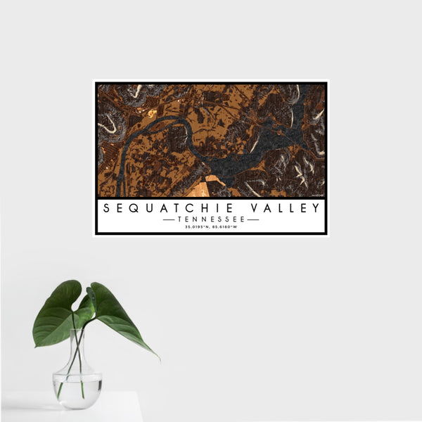 16x24 Sequatchie Valley Tennessee Map Print Landscape Orientation in Ember Style With Tropical Plant Leaves in Water