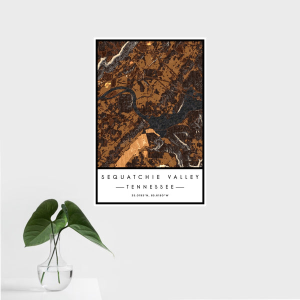 16x24 Sequatchie Valley Tennessee Map Print Portrait Orientation in Ember Style With Tropical Plant Leaves in Water