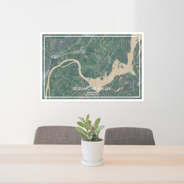 24x36 Sequatchie Valley Tennessee Map Print Lanscape Orientation in Afternoon Style Behind 2 Chairs Table and Potted Plant