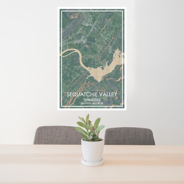 24x36 Sequatchie Valley Tennessee Map Print Portrait Orientation in Afternoon Style Behind 2 Chairs Table and Potted Plant