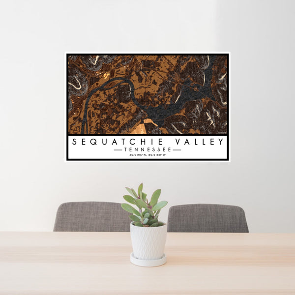 24x36 Sequatchie Valley Tennessee Map Print Lanscape Orientation in Ember Style Behind 2 Chairs Table and Potted Plant