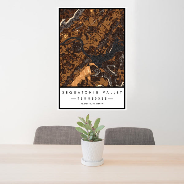 24x36 Sequatchie Valley Tennessee Map Print Portrait Orientation in Ember Style Behind 2 Chairs Table and Potted Plant