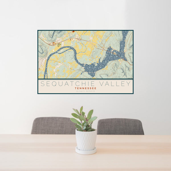 24x36 Sequatchie Valley Tennessee Map Print Lanscape Orientation in Woodblock Style Behind 2 Chairs Table and Potted Plant