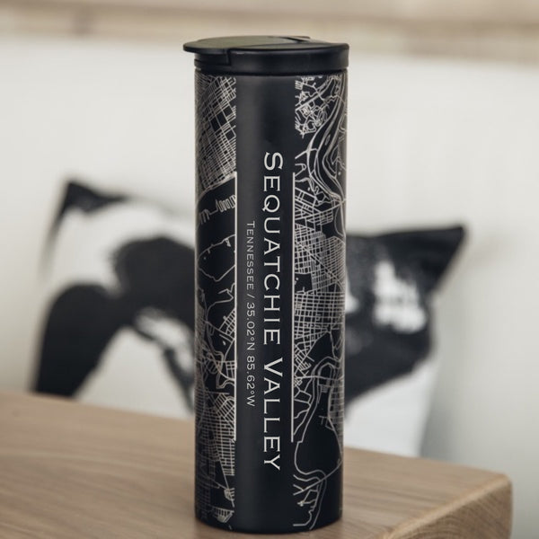 Sequatchie Valley Tennessee Custom Engraved City Map Inscription Coordinates on 17oz Stainless Steel Insulated Tumbler in Black