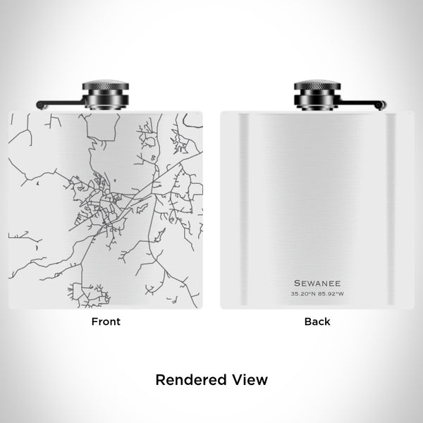 Rendered View of Sewanee Tennessee Map Engraving on 6oz Stainless Steel Flask in White