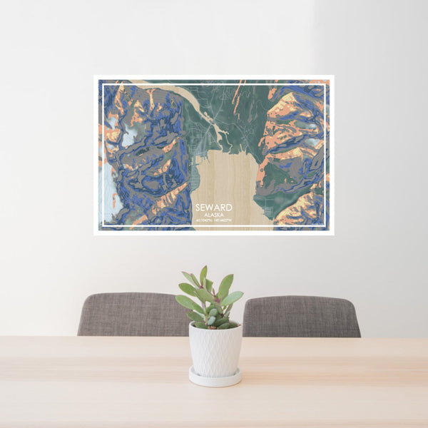 24x36 Seward Alaska Map Print Lanscape Orientation in Afternoon Style Behind 2 Chairs Table and Potted Plant