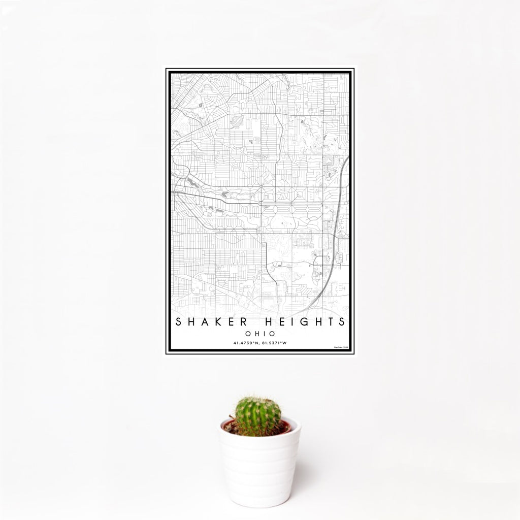 12x18 Shaker Heights Ohio Map Print Portrait Orientation in Classic Style With Small Cactus Plant in White Planter