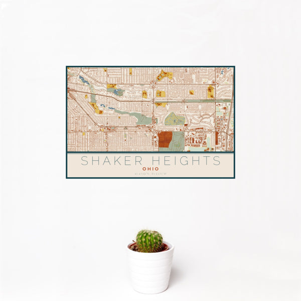 12x18 Shaker Heights Ohio Map Print Landscape Orientation in Woodblock Style With Small Cactus Plant in White Planter