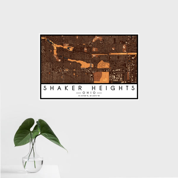 16x24 Shaker Heights Ohio Map Print Landscape Orientation in Ember Style With Tropical Plant Leaves in Water
