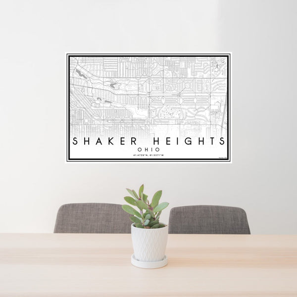 24x36 Shaker Heights Ohio Map Print Lanscape Orientation in Classic Style Behind 2 Chairs Table and Potted Plant