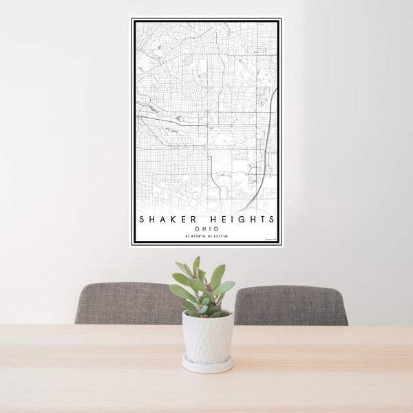 24x36 Shaker Heights Ohio Map Print Portrait Orientation in Classic Style Behind 2 Chairs Table and Potted Plant