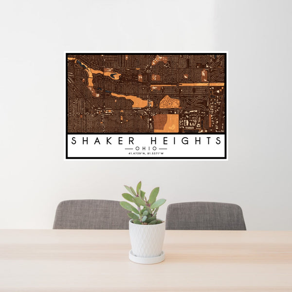 24x36 Shaker Heights Ohio Map Print Lanscape Orientation in Ember Style Behind 2 Chairs Table and Potted Plant
