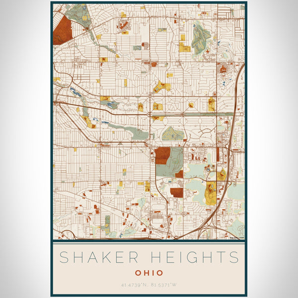 Shaker Heights Ohio Map Print Portrait Orientation in Woodblock Style With Shaded Background