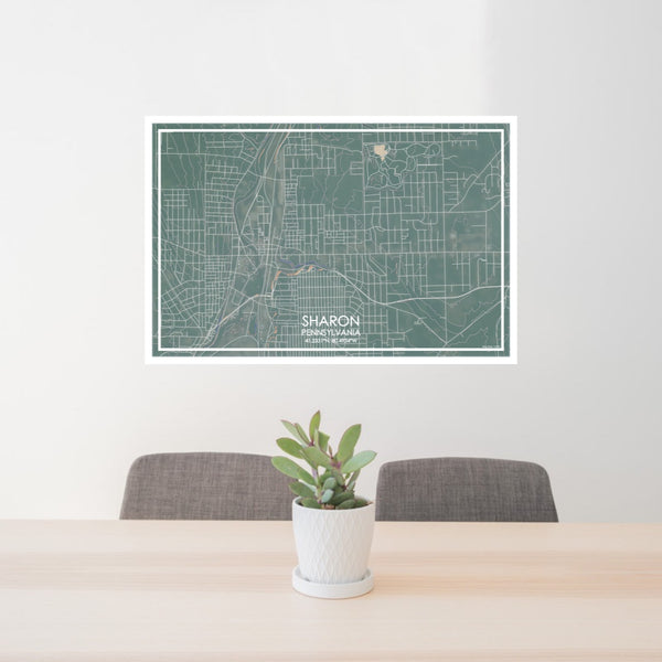 24x36 Sharon Pennsylvania Map Print Lanscape Orientation in Afternoon Style Behind 2 Chairs Table and Potted Plant