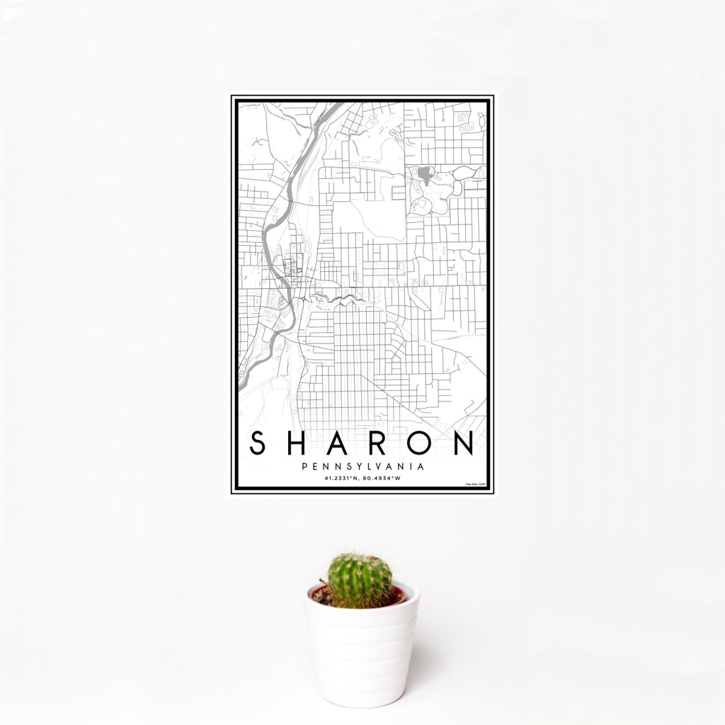 12x18 Sharon Pennsylvania Map Print Portrait Orientation in Classic Style With Small Cactus Plant in White Planter