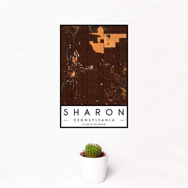 12x18 Sharon Pennsylvania Map Print Portrait Orientation in Ember Style With Small Cactus Plant in White Planter