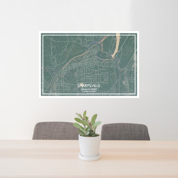 24x36 Sharpsville Pennsylvania Map Print Lanscape Orientation in Afternoon Style Behind 2 Chairs Table and Potted Plant