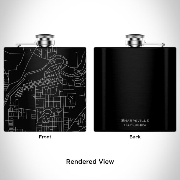 Rendered View of Sharpsville Pennsylvania Map Engraving on 6oz Stainless Steel Flask in Black