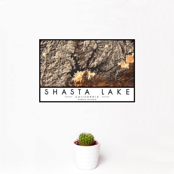 12x18 Shasta Lake California Map Print Landscape Orientation in Ember Style With Small Cactus Plant in White Planter