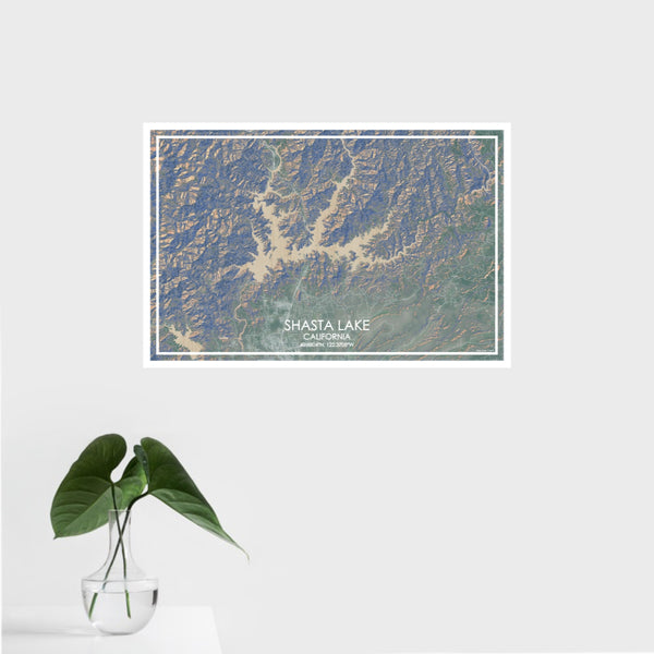 16x24 Shasta Lake California Map Print Landscape Orientation in Afternoon Style With Tropical Plant Leaves in Water