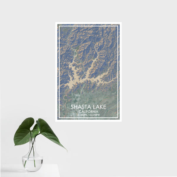16x24 Shasta Lake California Map Print Portrait Orientation in Afternoon Style With Tropical Plant Leaves in Water