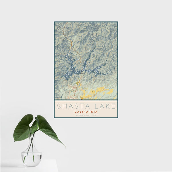 16x24 Shasta Lake California Map Print Portrait Orientation in Woodblock Style With Tropical Plant Leaves in Water