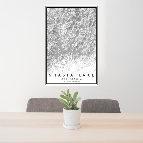 24x36 Shasta Lake California Map Print Portrait Orientation in Classic Style Behind 2 Chairs Table and Potted Plant