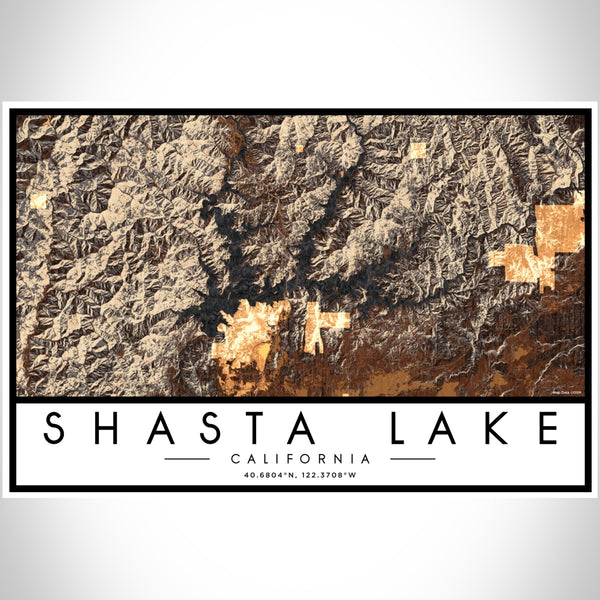Shasta Lake California Map Print Landscape Orientation in Ember Style With Shaded Background