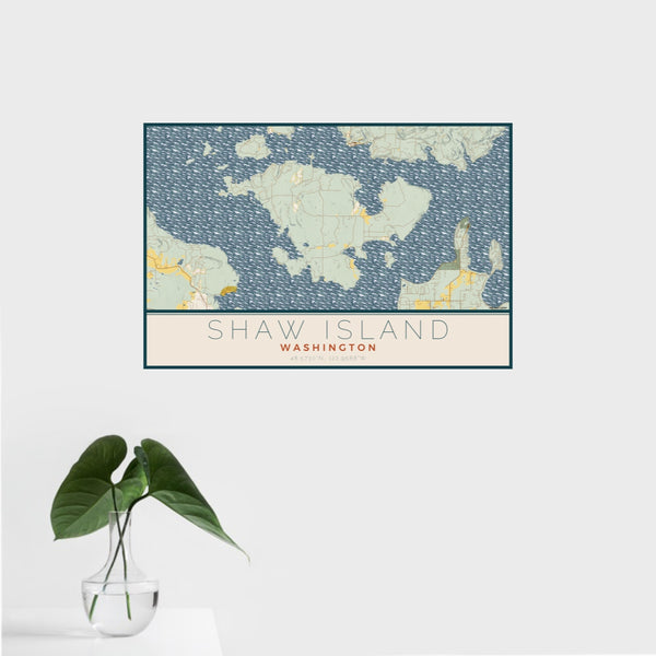 16x24 Shaw Island Washington Map Print Landscape Orientation in Woodblock Style With Tropical Plant Leaves in Water