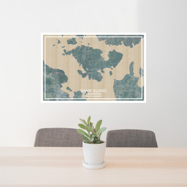 24x36 Shaw Island Washington Map Print Lanscape Orientation in Afternoon Style Behind 2 Chairs Table and Potted Plant