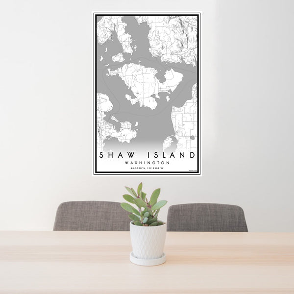 24x36 Shaw Island Washington Map Print Portrait Orientation in Classic Style Behind 2 Chairs Table and Potted Plant