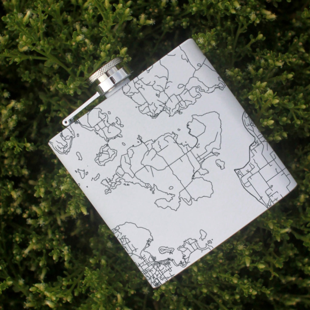 Shaw Island Washington Custom Engraved City Map Inscription Coordinates on 6oz Stainless Steel Flask in White