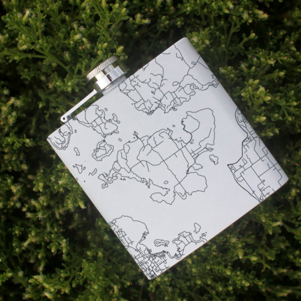 Shaw Island Washington Custom Engraved City Map Inscription Coordinates on 6oz Stainless Steel Flask in White